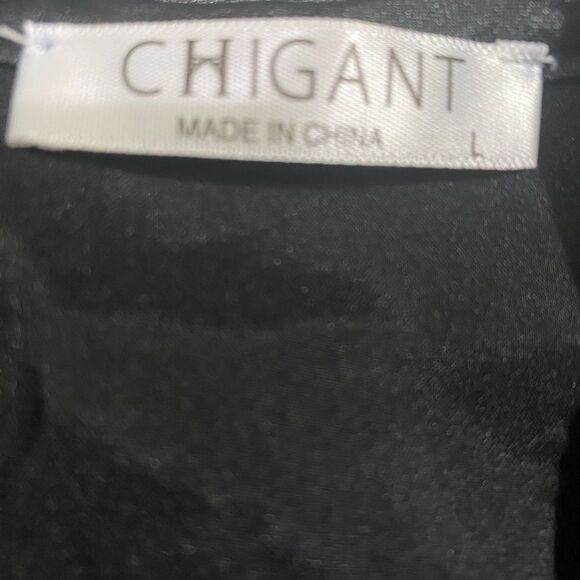 CHIGANT SZ Large Black Satin Blouse Puff French Cuff Sleeves Modest Elegant Chic - Picture 11 of 11